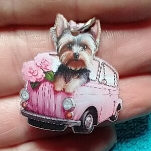 Cute colorful Yorkie in pink car with flowers floral wire dangle earrings